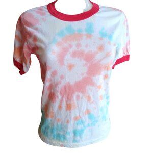 Small Vintage Tie-Dye Ringer T-Shirt Single Stitch Buttery 1980's Hippie Mom USA
